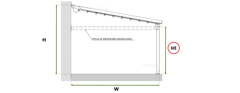 wymiar pergoli przyściennej solid selt w świetle czyli wysokość przednich podpór