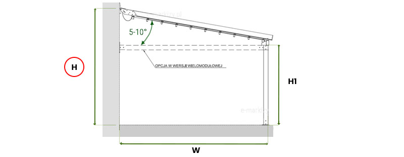 wymiar pergoli przyściennej solid selt przy ścianie czyli całkowita wysokość pergoli