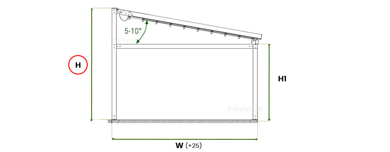cwymiar pergoli przyściennej solid selt z tyłu czyli całkowita wysokość pergoli