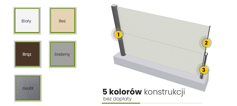 markizy boczne kolory konstrukcji, malowanie proszkowe markiz, parawan tarasowy kolorystyka