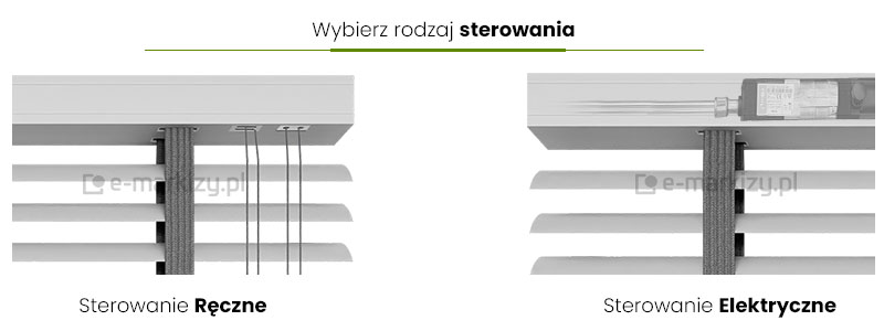 Żaluzje poziome aluminiowe z lamelami 50mm sterowanie elektryczne silnikiem lub ręcznie, żaluzje lamelowe rodzaj sterowania, wybierz sposób sterowania żaluzjami